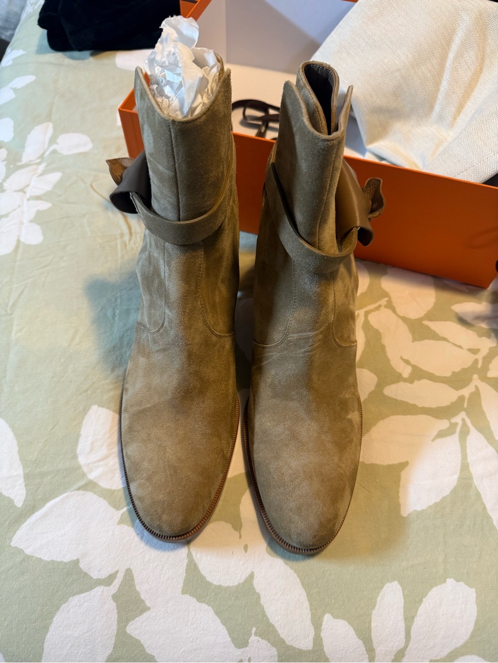 Hermes Women’s Suede Ankle Boot in Tan with Buckle Detail